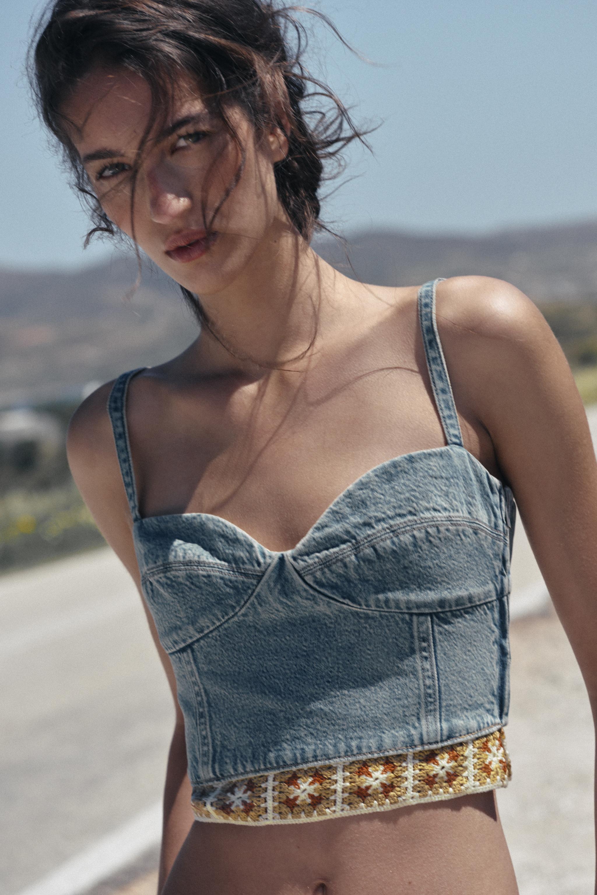 Z1975 COMBINATION CROCHET DENIM TOP